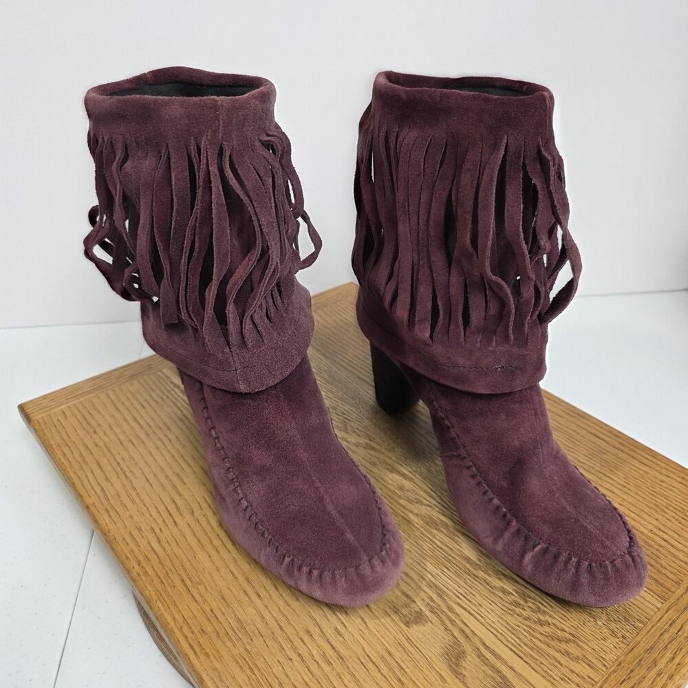 Born Boots Womens Size 6.5 Burgundy Suede Fringe Ankle Stacked Heel W52016 CKE10